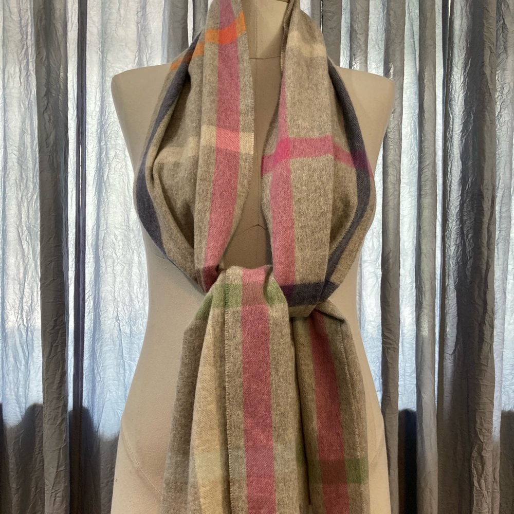 Coach Beige Taupe Scarf with Pink, Green & Navy Plaid